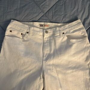 White denim straight leg jeans.